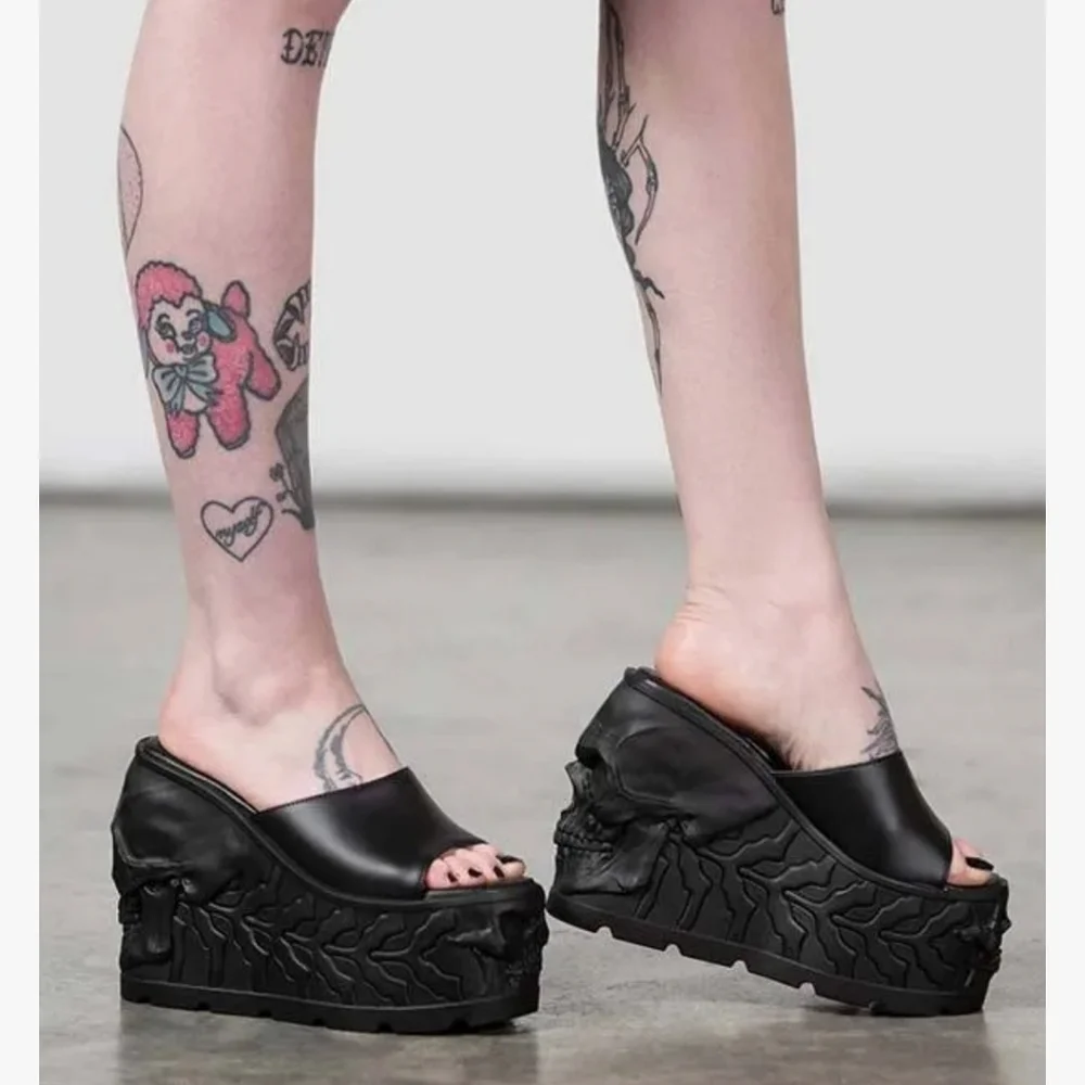 Platform Skull Wedge Slide Sandals - Black